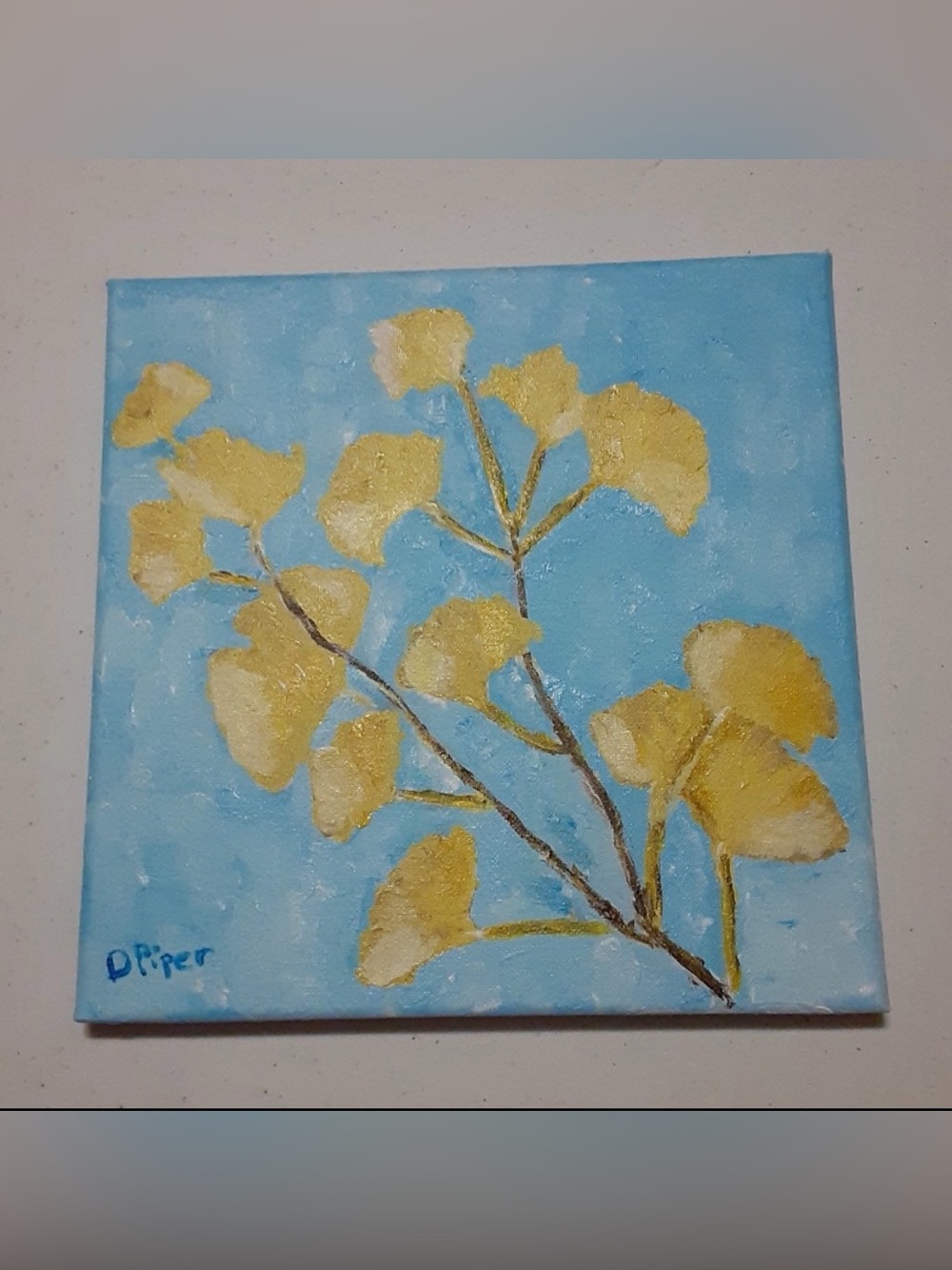 Artisan Hand-painted ginkgo branch yellow Ginkgo Leaves on Blue Wall Art.